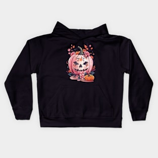 Pink Pumpkin face, with floral and orange flowers, cute Halloween Kids Hoodie